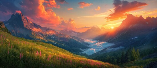 Poster - Vibrant sunset landscape featuring towering rocky peaks with a colorful sky, lush green grass meadow in the foreground, and fog rolling in the valley.