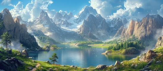 Aufkleber - Majestic mountains in shades of grey and brown surround a serene turquoise lake reflecting the bright blue sky and fluffy white clouds.