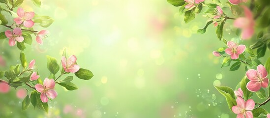 Leinwandbilder - Soft pink apple blossoms gracefully frame a blurred green background with gentle bokeh, creating a serene spring atmosphere in vibrant colors.