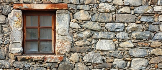 Fototapete - Rustic stone wall with wooden framed window on the left side featuring a gray and brown color palette and ample copy space on the right.