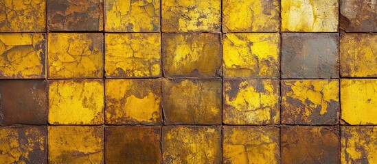Poster - Rustic textured yellow and brown tiles arranged in a grid pattern, showcasing natural variations and imperfections in colors and surface.