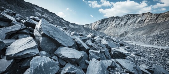 Poster - Crushed gray rock formations scattered across an old mining site, with a vivid blue sky and light clouds enhancing the rugged terrain backdrop.