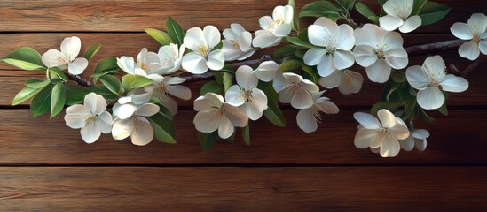 Leinwandbilder - Delicate snowy white apple blossoms with green leaves arranged on a rustic wooden background in soft natural light for a vibrant spring atmosphere
