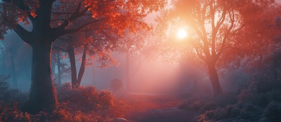 Aufkleber - Misty autumn forest path illuminated by a warm orange sunrise with vibrant reddish leaves on trees creating a serene and dreamy atmosphere