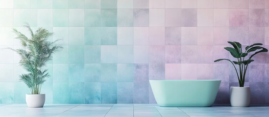 Aufkleber - Pastel mint blue and purple tiles create a soothing backdrop for a minimalist bathroom featuring a freestanding tub and two decorative potted plants.