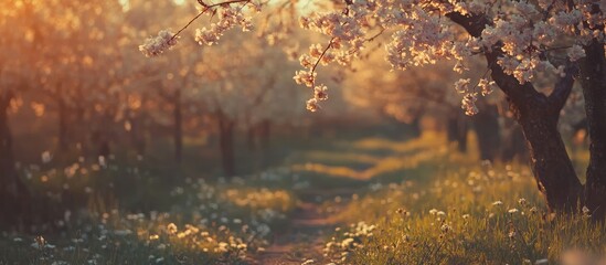 Poster - Sunlit cherry blossom path lined with delicate pink flowers and soft green grass, warm golden hues of sunset illuminating tranquil scene.