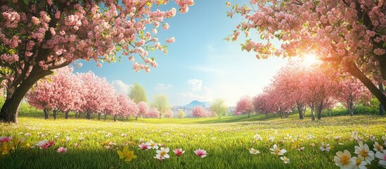 Poster - Blossoming cherry trees in a sunny meadow with pink flowers on the ground and a distant mountain under a bright blue sky during springtime.