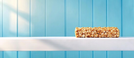 Leinwandbilder - granola bar on a white shelf against a vibrant blue wall with soft light illuminating the scene crea