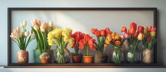 Poster - Vibrant spring flower market display with assorted tulips and daffodils in jars on a wooden shelf against a light wall in a modern frame.