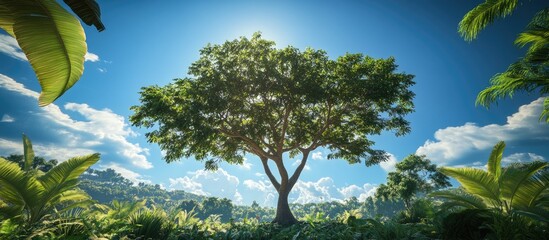 Aufkleber - Lush green tree basking in sunlight against a vibrant blue sky with fluffy clouds, surrounded by tropical foliage in a serene landscape.