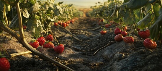 Poster - Lush strawberry field scene featuring vibrant red strawberries among green foliage with soil paths in the foreground under soft sunlight.