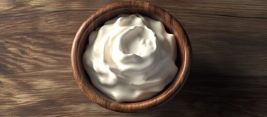 Leinwandbilder - Creamy yogurt or sour cream in a polished wooden bowl centered on a rustic wooden table with soft lighting highlighting its smooth texture.