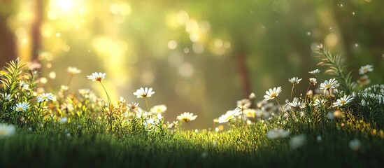 Aufkleber - Vibrant spring meadow filled with white daisies bathed in golden sunlight with soft bokeh effect and lush green grass in the foreground.