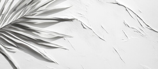 Poster - Palm leaf shadow casting on textured white background with subtle grooves, showcasing elegant natural patterns and soft contrasts in layout.