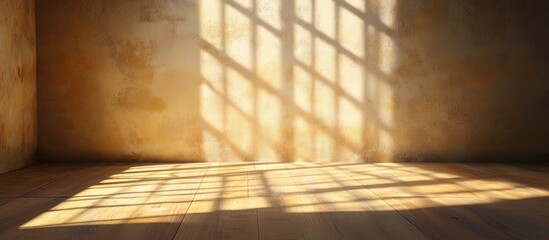 Poster - Sunlight filters through a multi-paned window casting soft, warm shadows on a textured, beige wall and wooden floor in a serene interior space.
