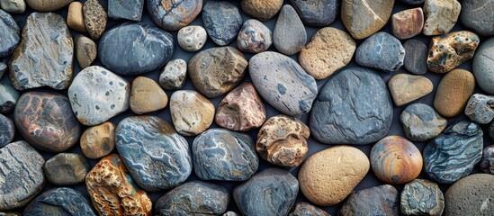 Aufkleber - Natural pebble texture background featuring a variety of grey, brown, and cream stones arranged closely together providing ample copy space.