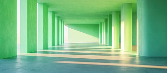 Aufkleber - Vibrant green interior space featuring tall columns and soft shadows on a sleek floor creating a calming and modern architectural atmosphere