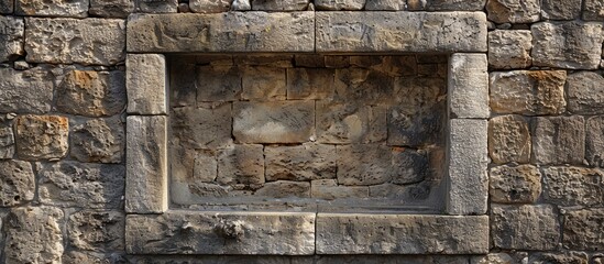 Fototapete - Ancient stone window frame embedded in a weathered brick wall with a textured surface and ample copy space above for text or branding.