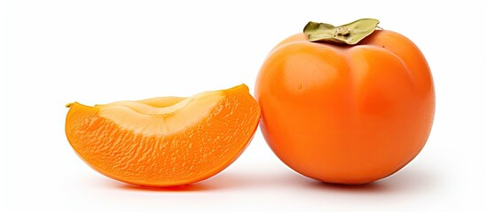 Poster - Fresh orange persimmon fruit positioned beside a vibrant slice showcasing smooth texture on a clean white background, emphasizing rich colors.