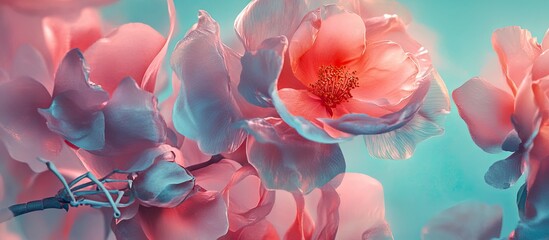 Aufkleber - Vibrant close-up of delicate pink cherry blossoms against a soft turquoise background with a hint of gentle light illuminating the petals.
