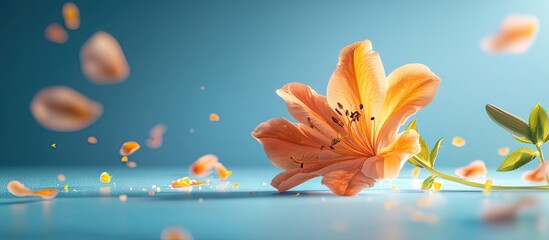 Aufkleber - Peach lily flower with scattered petals on a soft blue background, creating a fresh and vibrant spring atmosphere. Petals in various positions.