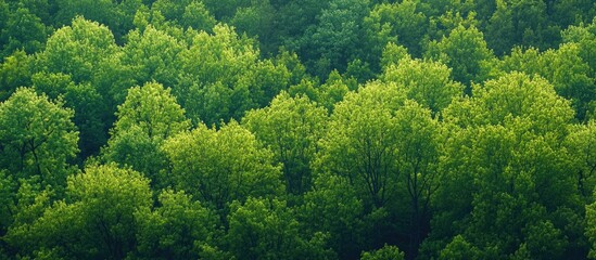 Leinwandbilder - Aerial view of vibrant green deciduous forest under soft light showcasing lush foliage and diverse textures in a serene natural landscape