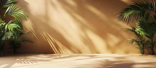 Aufkleber - Warm beige background with soft shadows and lush green palm leaves positioned on both sides, creating a serene indoor atmosphere.