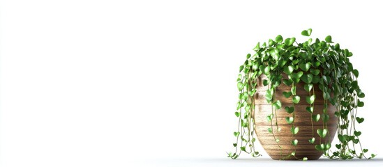 Aufkleber - Lush Chain of Hearts houseplant overflowing from a textured brown pot with gold accents against a clean white background for a serene aesthetic.