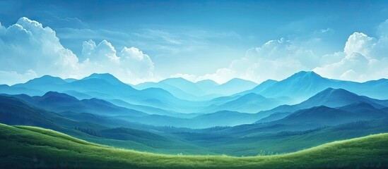 Aufkleber - serene summer mountain landscape with layered teal mountains under a bright blue sky and soft white clouds. Green hills in foreground.