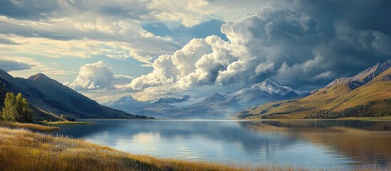Aufkleber - Dramatic dark clouds over tranquil mountains and a reflective lake in shades of blue and green, enhancing the serene beauty of the landscape.