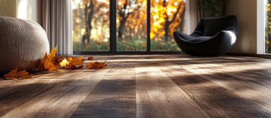 Aufkleber - Autumn forest interior with dark and light brown wooden floor, scattered orange leaves, large windows revealing vibrant fall foliage outside.