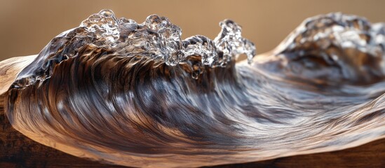 Aufkleber - Dynamic close-up of shimmering water waves in shades of brown and silver, flowing gracefully over wooden surface, capturing nature's fluid motion.