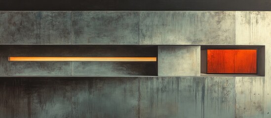 Leinwandbilder - Abstract industrial composition featuring a metallic surface with a horizontal orange line and a red rectangle on the right against a gray background.