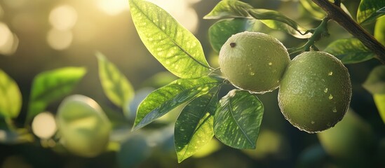 Fototapete - Fresh green walnuts hanging on branches surrounded by lush leaves illuminated with soft sunlight creating a serene natural atmosphere.