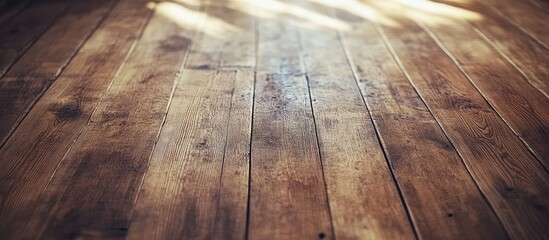 Poster - Aged wood flooring texture showcasing deep grooves, warm brown tones, and vintage appeal with natural imperfections illuminated by soft light.