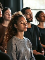 Aufkleber - A therapist leads a mindfulness session in a studio, showcasing relaxation techniques as a diverse group of participants practices with eyes closed, fostering a serene atmosphere.