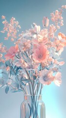 Poster - Freshly arranged close-up of delicate flowers in a glass vase against a soft blue background