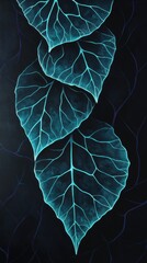 Aufkleber - Striking black leaves illuminated by glowing turquoise veins create a captivating visual contrast in a dark environment