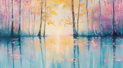 Poster - Reflections of pink and yellow hues on a tranquil lake at sunrise in a serene forest setting