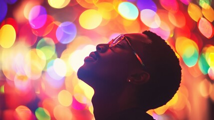 Poster - Capturing the essence of joy with vibrant bokeh lights illuminating a thoughtful individual in a cheerful atmosphere