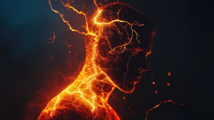 Poster - Vibrant portrait of a man glowing with luminous energy in a dark, dynamic backdrop during an artistic expression of vitality