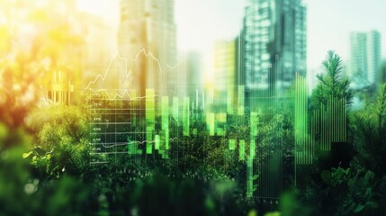 Aufkleber - Vibrant double exposure of financial charts overlaying lush greenery in an urban landscape at sunrise