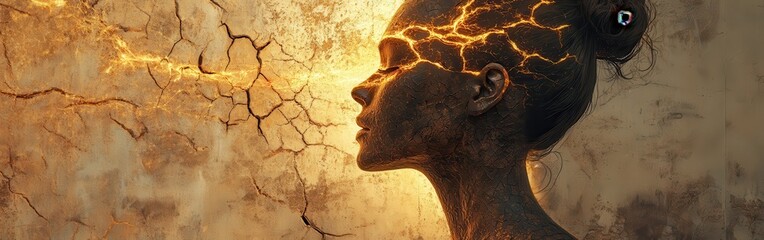 Leinwandbilder - Surreal representation of a glowing woman with cracked skin in a mystical environment