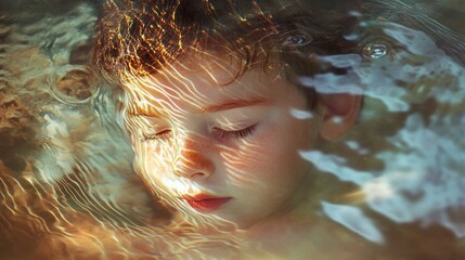 Aufkleber - Surreal portrait of a glowing child submerged in shimmering water with delicate light reflections in serene surroundings