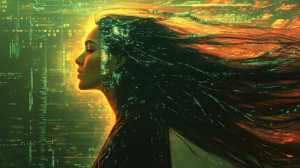 Fototapete - Surreal profile of a woman blending with digital elements and lights in a futuristic setting