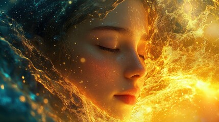 Poster - Serene portrait of a woman with glowing features surrounded by ethereal light in tranquil setting