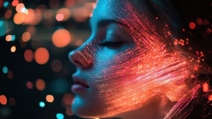 Aufkleber - Portrait of a woman with abstract light patterns illuminating her face at night