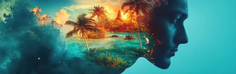 Leinwandbilder - Mystical profile of a man revealing a vibrant tropical landscape at sunset