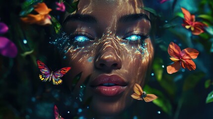 Leinwandbilder - Merging of a woman's face with vibrant flowers and butterflies creating a mystical blend of nature and beauty