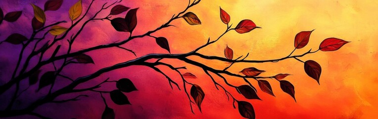 Fototapete - Dramatic composition of jet black branches against a vibrant sunset sky with warm hues